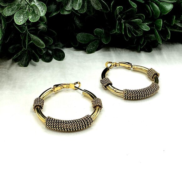 Gold Two Tone Twisted Wire Wrapped Hoop Earrings - Picture 3 of 7